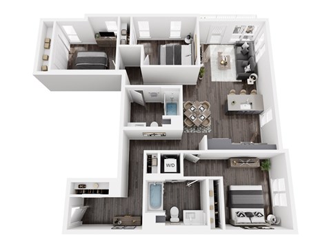 A floor plan of a house with a kitchen, living room, and two bedrooms.